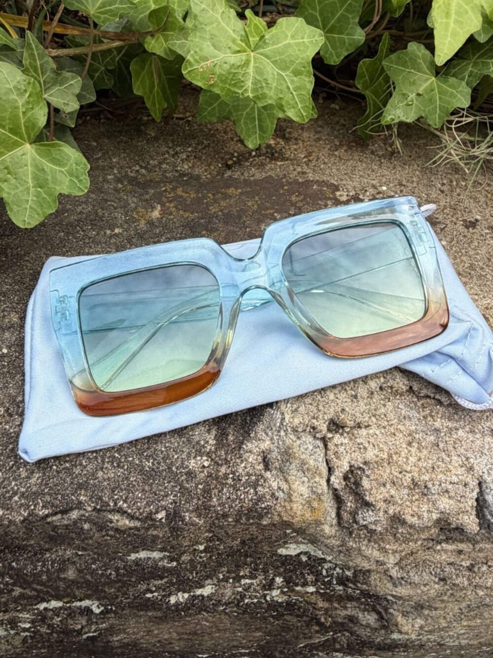 Oversized Square Gradient Sunglasses Blue Amber Ombre Retro Festival Sunnies
